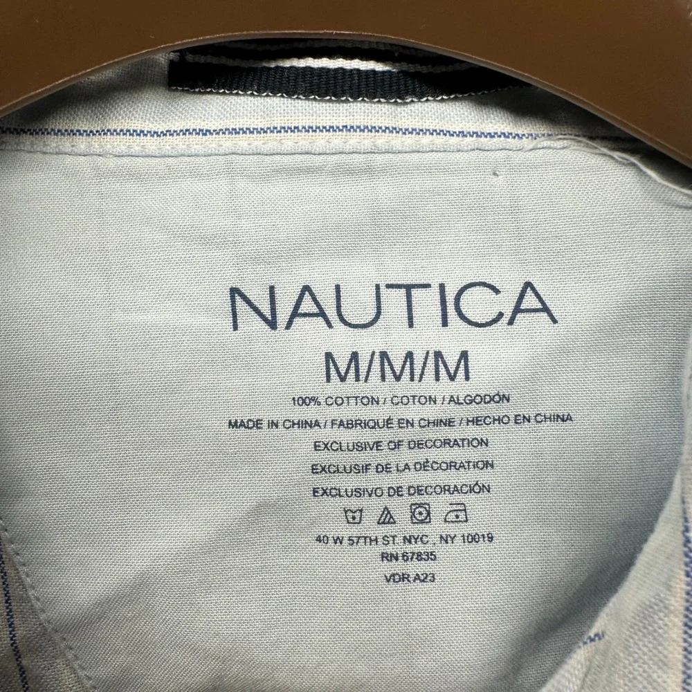 Nautica Mens Striped Short Sleeve Button Up Shirt M/M/M Light Blue Casual‎ Beach